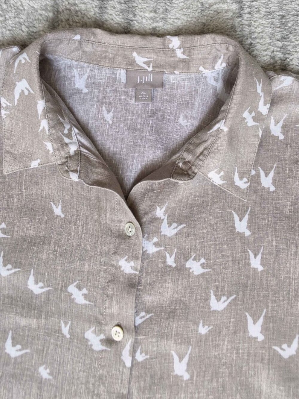 J. Jill 100% Linen Dove Bird Coastal Tan Khaki Button Down Long Sleeve Shirt XL - Picture 6 of 12